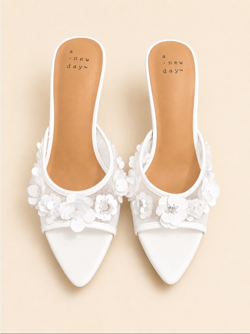 a.new.day White Floral Mesh Pointed-Toe Mules Size 6